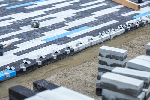 Preview: Construction Work On Pavement. Installation Of Concrete Paver Blocks On The Sidewalk. The Rows Of