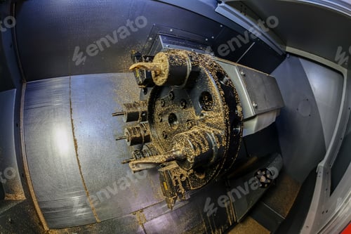 Preview: Industrial Lathe Tool And Lathe Machine In Progress; Note Shallow Depth Of Field