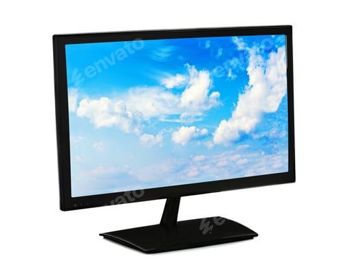 Preview: Black Lcd Monitor With Blue Sky Isolated On White Background. Closeup.
