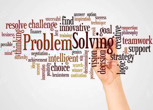 Preview: Problem Solving Word Cloud And Hand With Marker Concept On White Background.