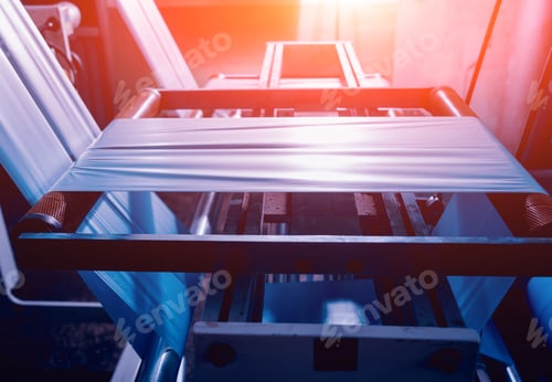 Preview: Modern Automated Production Line In Factory. Plastic Bag Manufacturing Process. Background