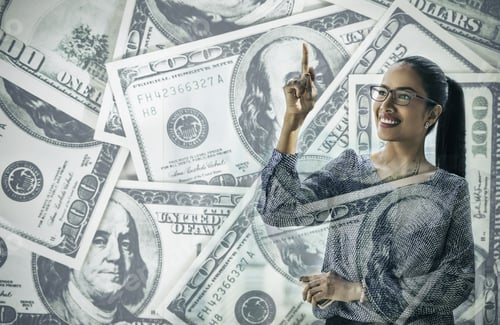 Preview: Business Woman Smiling And Thinking Money With Blur Money Dollar Bills. Horizontal Mix Media. Happy