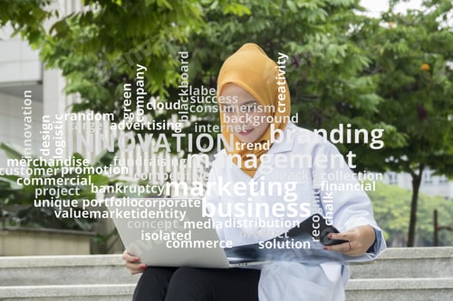 Preview: Concept Or Conceptual Business Abstract Words Cloud On Young Female Doctor Background.