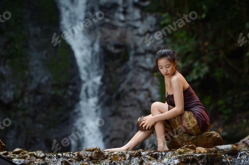 Preview: Asian Woman Wearing Traditional Thai Take A Baht On During Sunset,Vintage Style,Beautiful Woman