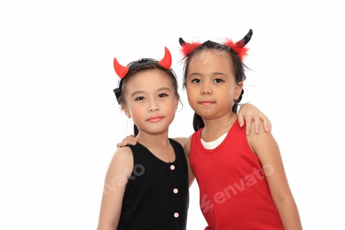 Preview: Scary Cute Little Asian Girl Best Friend In Black And Red Halloween Costume.