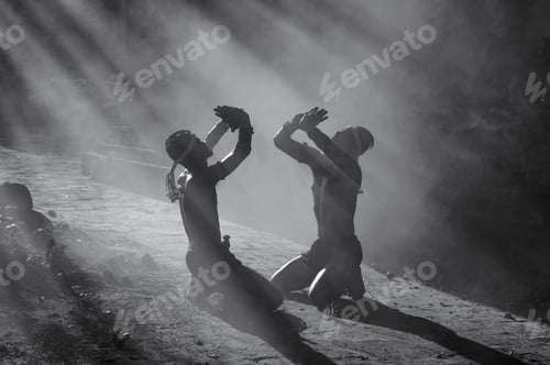 Preview: Muay Thai, Black And White Thai Boxer Training In Sunset Background,Thai Boxer Culture,Thailand