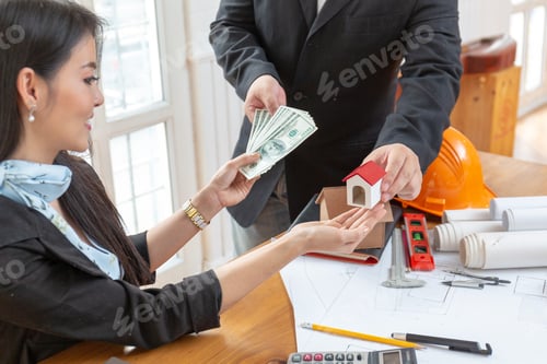 Preview: Business Finance Housing Loan. Close Up Hands Of Male Borrower Receive Money For Renovate House