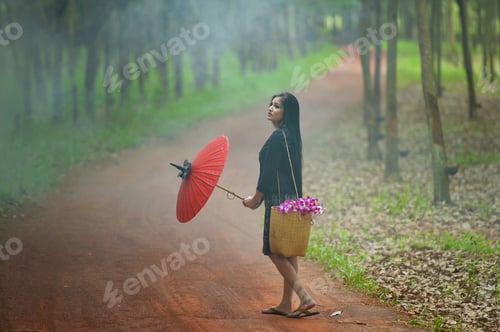 Visualização: Mulher asiática vestindo a cultura tradicional tailandesa, estilo vintage, cultura tailandesa, Tailândia tradicional