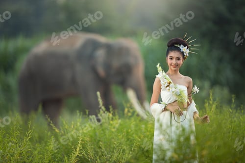 Preview: Beautiful Woman And Elephant With Thai Culture Traditional ,Vintage Style