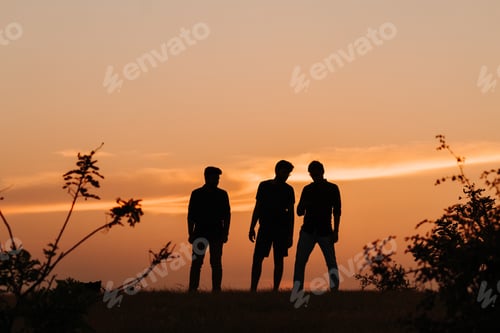 Preview: Silhouette Of Three Indian Friends Standing In Front Of The Sky During The Sunset