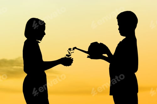 Preview: Silhouette Children Holding The Tree And Watering At Sky Sunset. Concept Saves The World