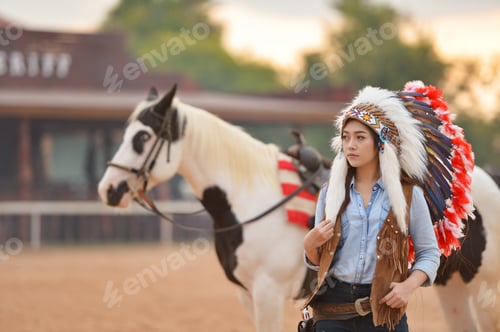 Preview: Beautiful Womam Sensuality Elegance Woman Cowgirl On During Sunset, Riding A Horse. Clothed Blue