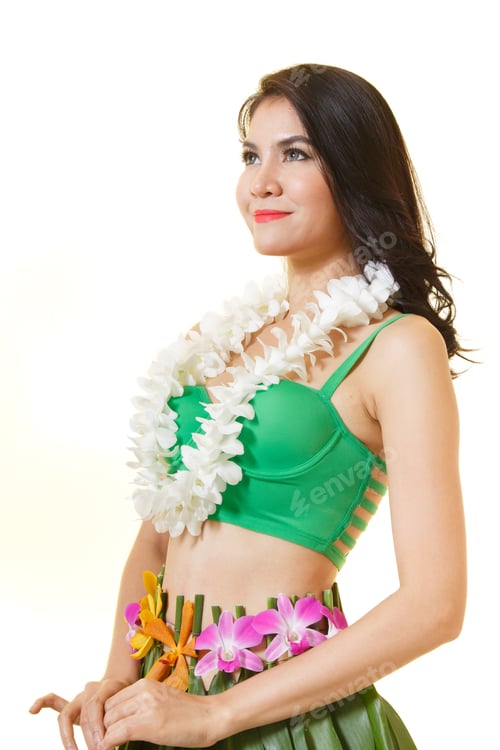 Preview: Beautiful Woman Dress In Hawaiian Style With Flower Lei Garland Of White Orchids On White