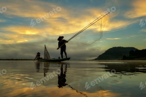 Preview: The Silluate Fisherman Boat In River On During Sunrise,Thailand