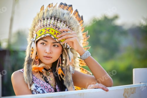 Preview: Woman In War Bonnet Beauty Portrait On Sunset. American Indian Hipster Girl In Bohemian Style With