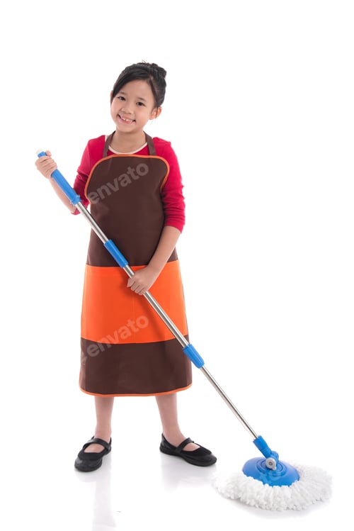Preview: Portrait Of Beautiful Asian Girl Cleaning With Mop On White Background Isolated