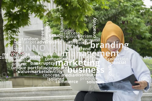 Preview: Concept Or Conceptual Business Abstract Words Cloud On Young Female Doctor Background.