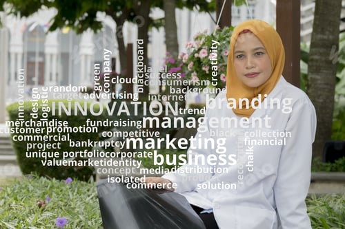 Preview: Concept Or Conceptual Business Abstract Words Cloud On Young Female Doctor Background.