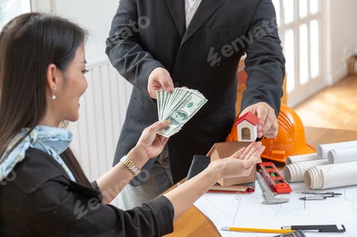 Preview: Business Finance Housing Loan. Close Up Hands Of Male Borrower Receive Money For Renovate House