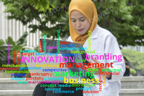 Preview: Concept Or Conceptual Business Abstract Words Cloud On Young Female Doctor Background.