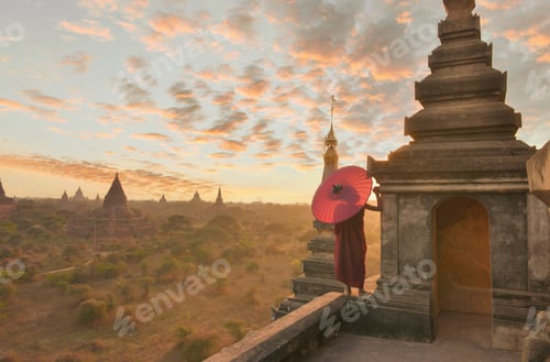 Preview: Monk Relaxing In Ancient Temple On During Sunset,Bagan Myanmar