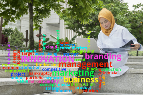 Preview: Concept Or Conceptual Business Abstract Words Cloud On Young Female Doctor Background.