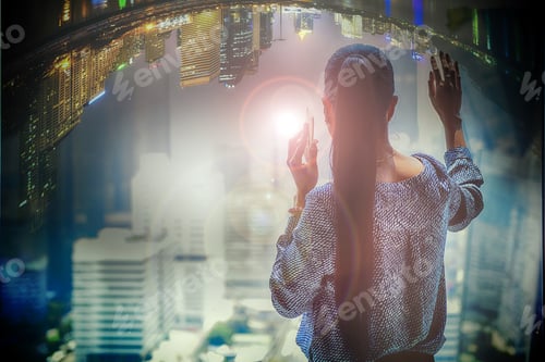 Preview: Double Exposure Photo Of Successful Business Woman Standing Looking Out The Window. The Big Window