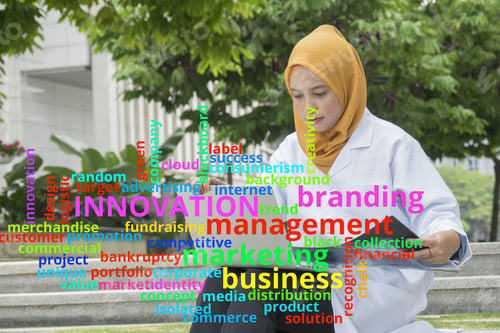 Preview: Concept Or Conceptual Business Abstract Words Cloud On Young Female Doctor Background.
