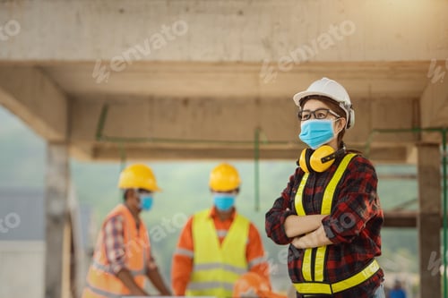 Preview: Corona Or Covid-19 Wear Masks During The Design Of Construction. New Normal.Industrial Engineering