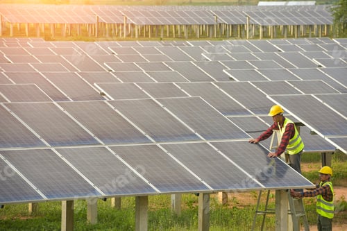 Preview: Group Of Engineers Meeting On Building Roof.Solar Engineer And Electrician With Face Mask Checking
