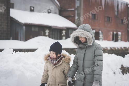 Preview: Cute Asian Children Holding Hands And Walking Together At Otaru Canal Hokkaido Japan