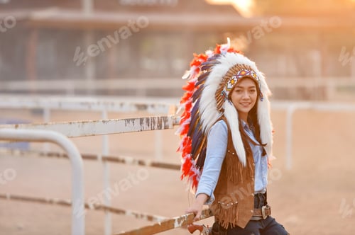 Preview: Beautiful Womam Sensuality Elegance Woman Cowgirl On During Sunset, Riding A Horse. Clothed Blue