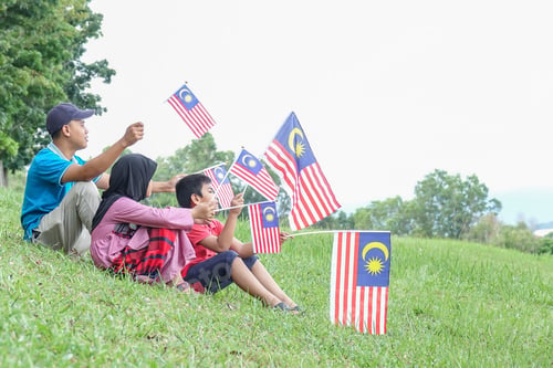 Preview: Independence Day Concept -Asian Sibling Cheerful At Field Holding A Malaysian Flags.