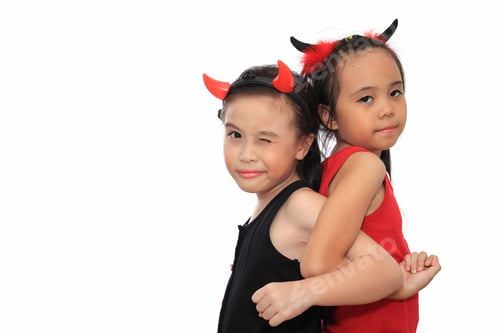 Preview: Scary Cute Little Asian Girl Best Friend In Black And Red Halloween Costume.