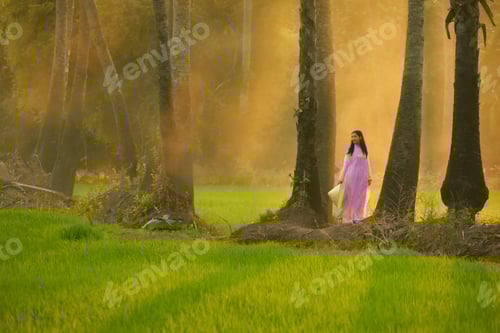 Preview: Beautiful Woman Walking On The Field With Vietnam Culture Traditional Dress On During Sunset,Vietnam