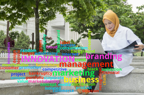 Preview: Concept Or Conceptual Business Abstract Words Cloud On Young Female Doctor Background.