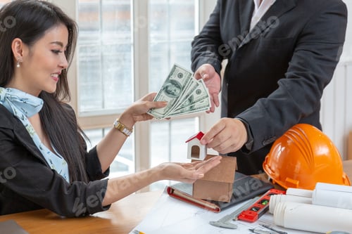 Preview: Business Finance Housing Loan. Close Up Hands Of Male Borrower Receive Money For Renovate House