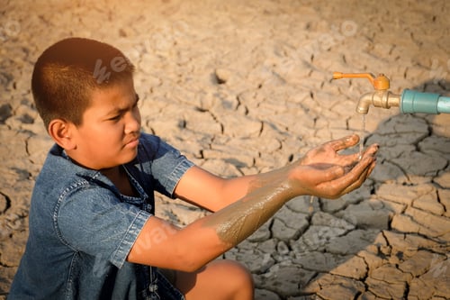 Preview: Sad A Boy Sitting On Cracked Earth Open Metal Water Old Faucet On Hot And Dry Empty Land. Affected