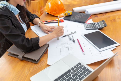 Preview: Architecture Woman Working Blue Print Workspace Concept