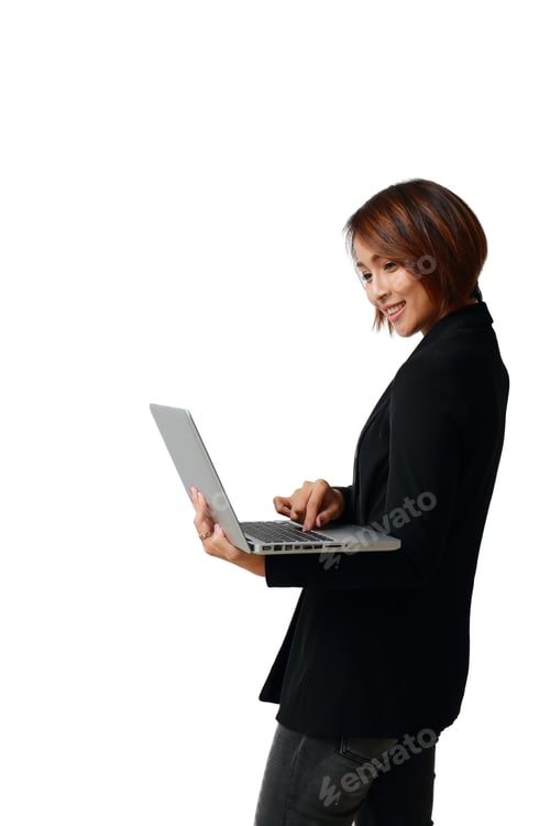 Preview: Business Woman Working on Laptop on White Background