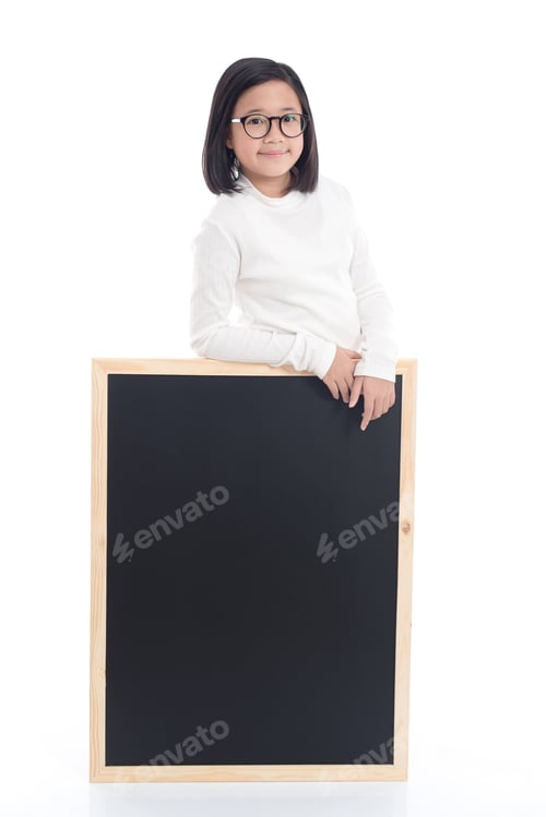 Preview: Beautiful Asian Girl With Blackboard On White Background Isolated