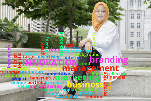 Preview: Concept Or Conceptual Business Abstract Words Cloud On Young Female Doctor Background.
