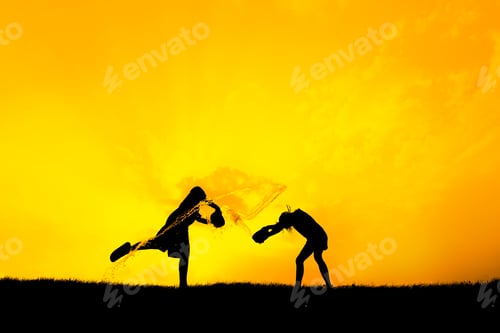 Preview: Silhouette Happy Children Cheerful Playing Water Splash On Sunset, Water Festival, Songkran In