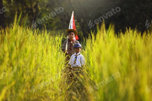 Preview: Boy Scouts And Thailand Flag,Scouts Parade In The Rice Field On During Sunset,Thailand