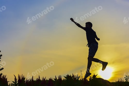 Preview: Silhouette The Hikers Happy To Free The Mountain Walking On Top Peak Cheering And Make Super Jump