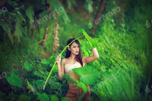Preview: A Young Woman Dressed In Traditional Lanna Northern Thailand With Rice Fields.