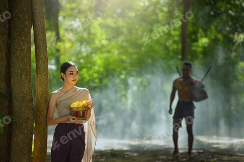 Preview: Asian Woman Wearing Traditional Thai People,Ayuttaya Thailand,Vintage Style