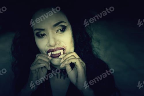 Preview: Horror Vampires Woman In Upset Moody With Bloody Lips.Hunting Prey In Halloween Night. Low Light