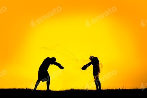 Preview: Silhouette Happy Children Cheerful Playing Water Splash On Sunset, Water Festival, Songkran In