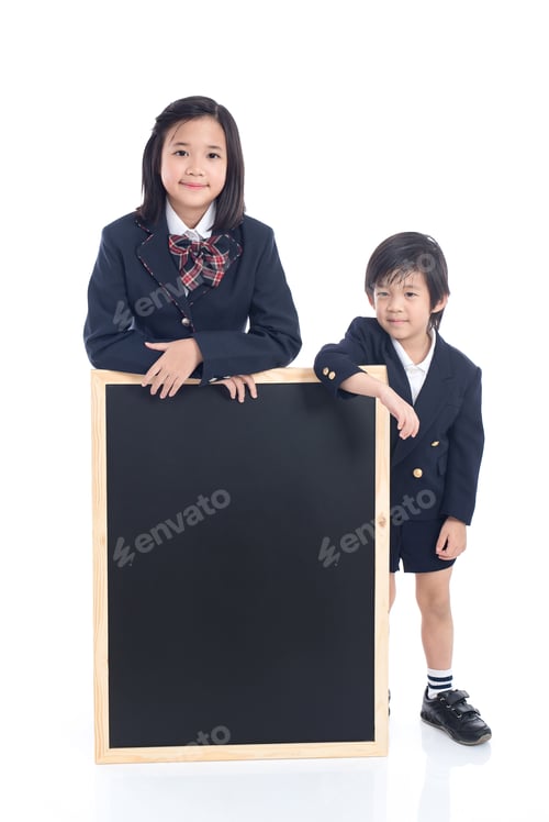 Preview: Students in School Uniform Stand by Blackboard